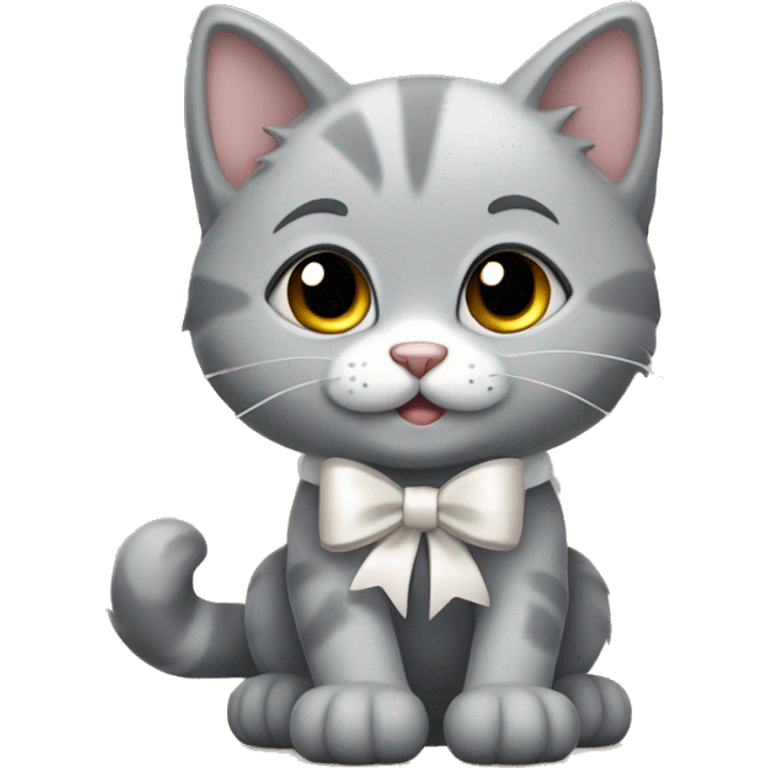 A gray kitten, tied with a white bow that goes and leaves a trail of paws  emoji