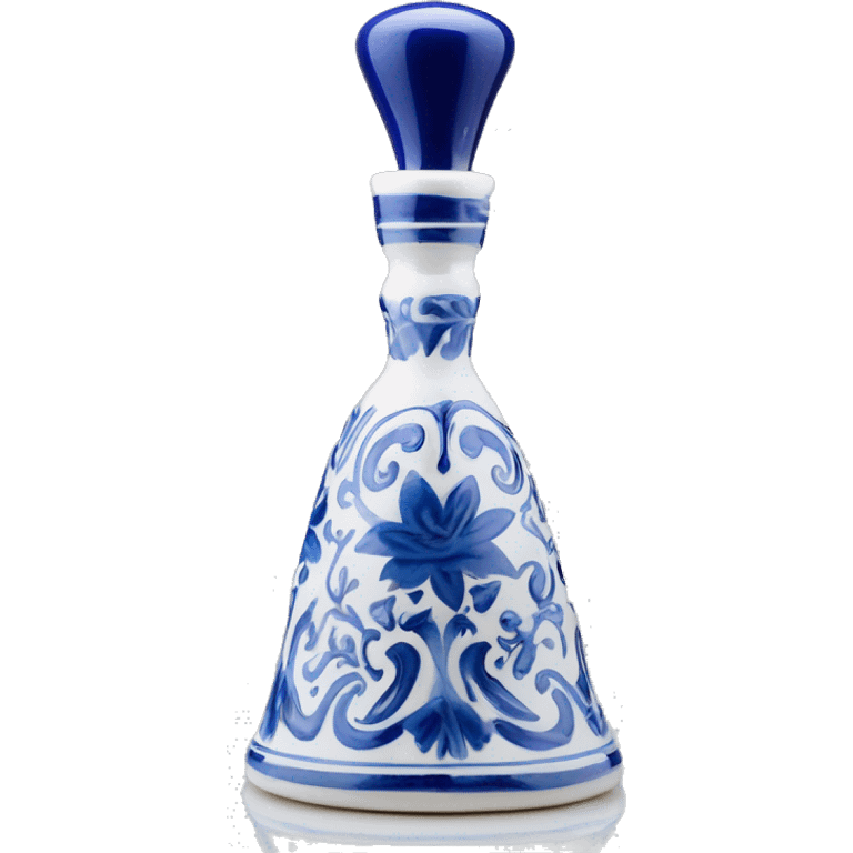 The Clase Azul Tequila bottle is tall and hourglass-shaped, with a wide base that tapers towards the neck. Its white ceramic body is decorated with cobalt blue floral designs, and it’s topped with a gray, bell-shaped stopper that curves inward. emoji