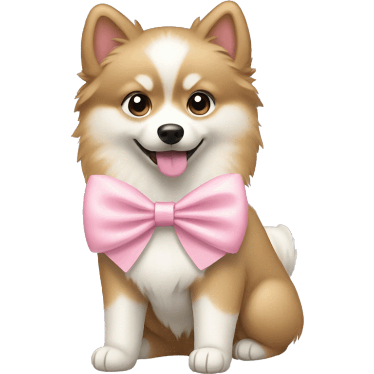 Tan and white pomsky dog with a light pink bow emoji