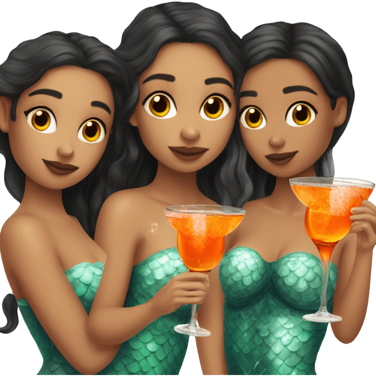 Three beautiful mermaids (light skin) drinking aperol emoji