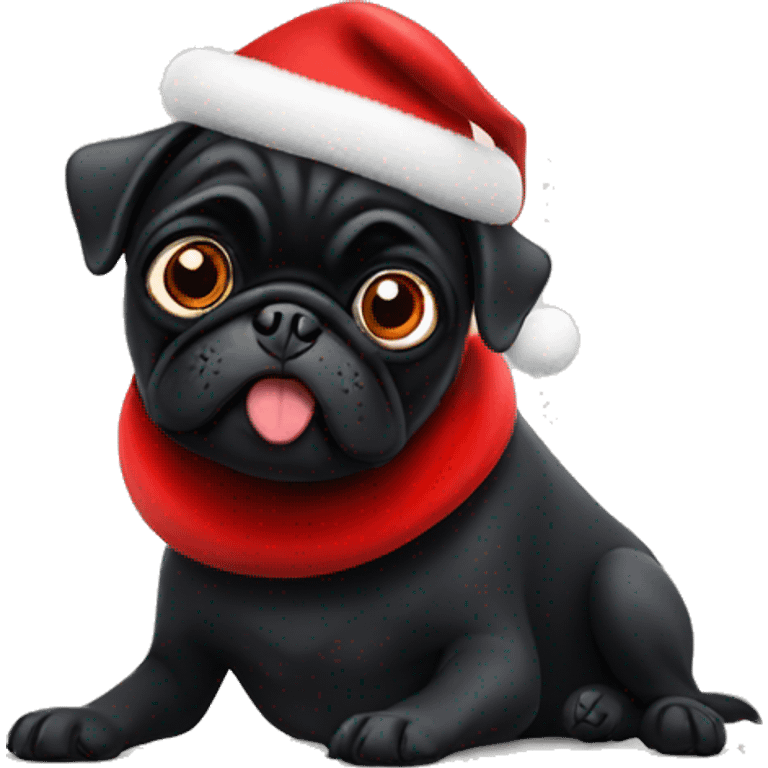 Black pug with big eyes wearing a red Santa hat emoji