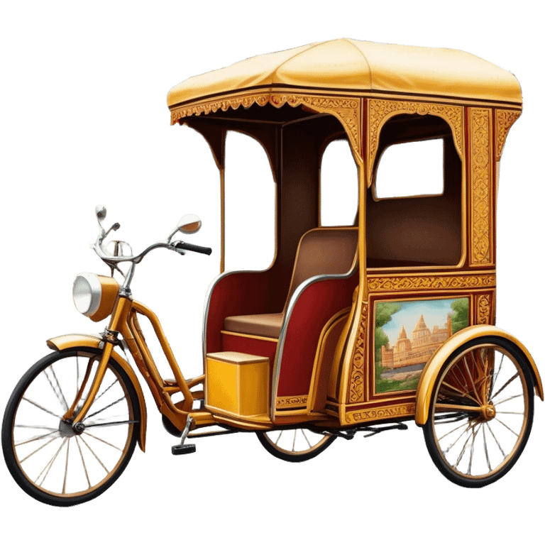 Cyclo rickshaw – Cinematic Realistic Cyclo Rickshaw, depicted as a charming, ornately painted three-wheeled cycle taxi with vintage detailing, set on bustling city streets under dynamic urban lighting that evokes cultural heritage and nostalgic charm. emoji