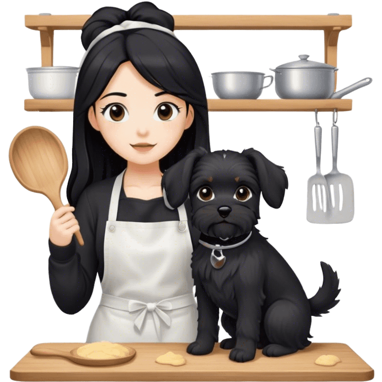 pale girl with long black hair wearing black long sleeve tshirt wearing apron and baking holding black floppy ear schnauzer emoji