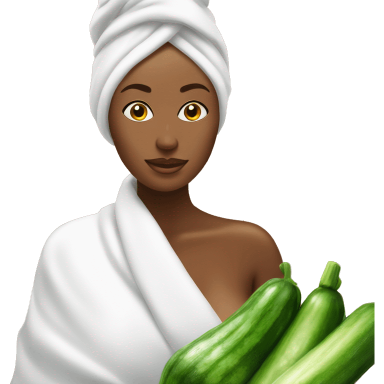 woman with towel on her head infront of sauna with cucumber mask emoji