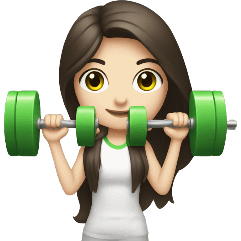 Pale girl with long dark brown hair and green eyes lifting weights  emoji