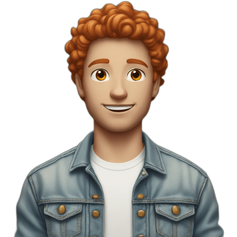 white young man in jean jacket and white t-shirt with short (not curly) red hair emoji