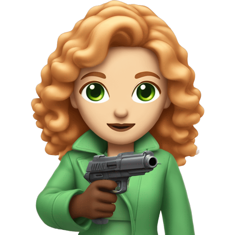 Women with long reddish blonde hair, green eyes, and a fluffy pink coat pointing a laser gun  emoji