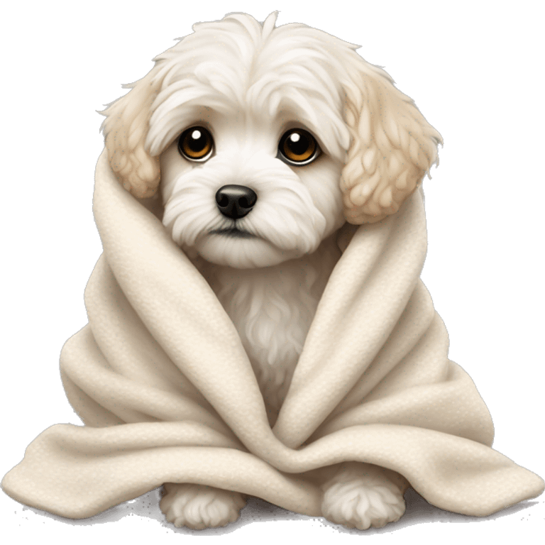 really sad crying maltipoo puppy in blanket cuddled up emoji