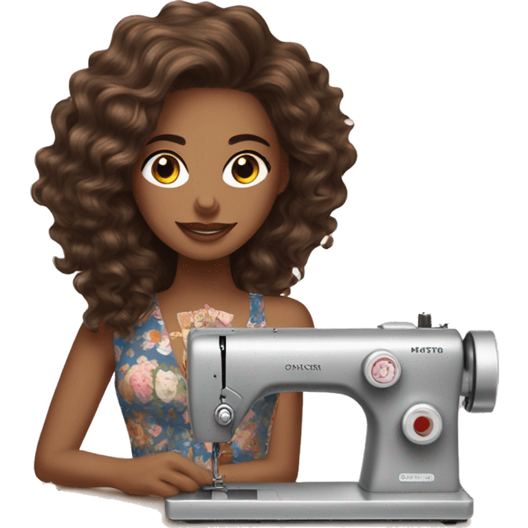 Light skinned women with brunette medium long wavy hair sewing at a sewing machine with fashion illustrations  emoji