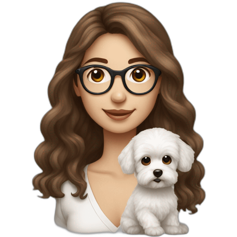 Long brown hair, eyeglassed turkish girl with white maltipoo emoji