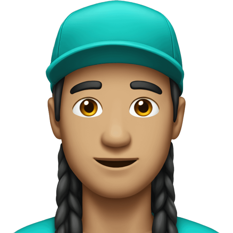 Generate an emoji of a man wearing a turquoise cap with long black hair. emoji