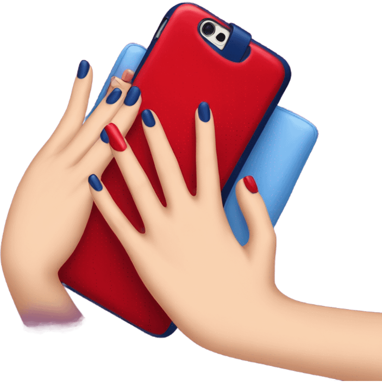 
female hand with red manicure holding a dark blue case emoji