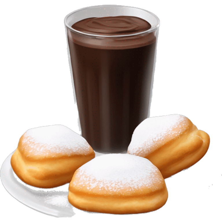 Realistic plate of powdered sugar beignet s with glass cup of chocolate dip on the side isolated. emoji