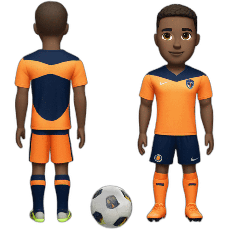 Light skinned Soccer player in tangerine top with navy sleeves, navy shorts with tangerine flash, navy socks with tangerine flash  and orange kit emoji