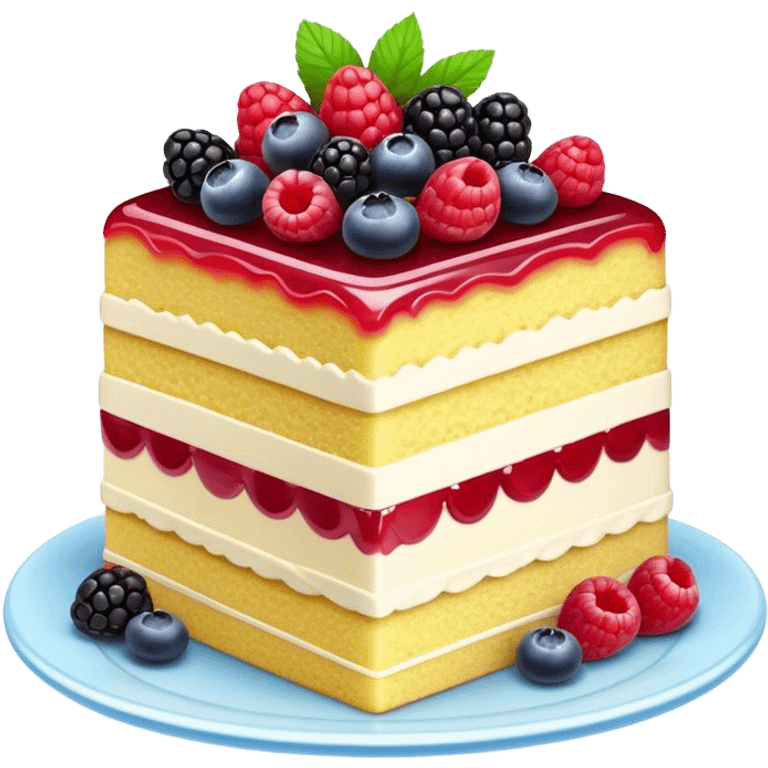 Cinematic luxurious slice of cake, delicate layers of moist sponge and rich frosting, beautifully decorated with fresh berries and a glossy glaze, soft glowing light, elegant and indulgent. emoji