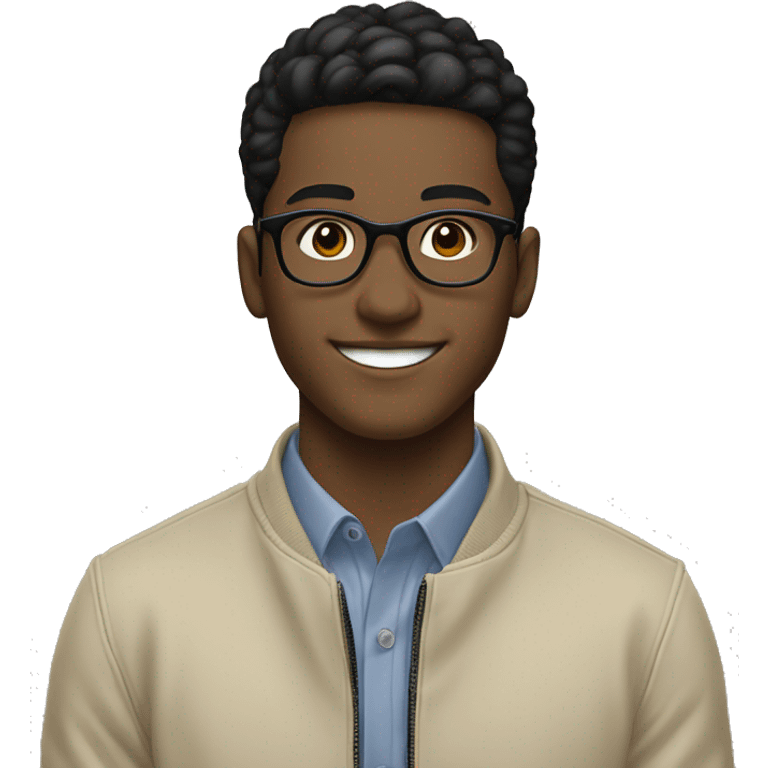 20-year-old young man, smiling, with beige jacket, circular glasses, short black hair emoji