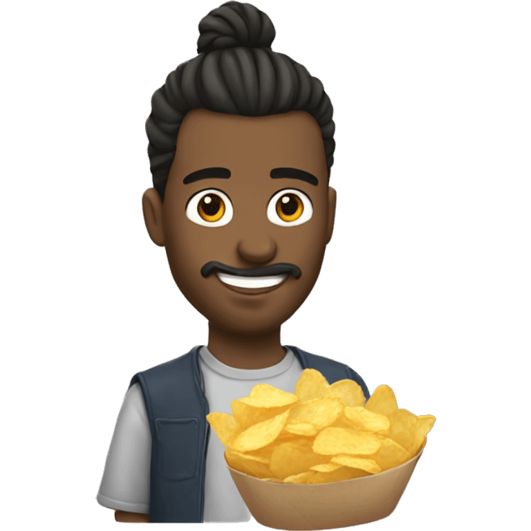 Man with man bun eating chips emoji