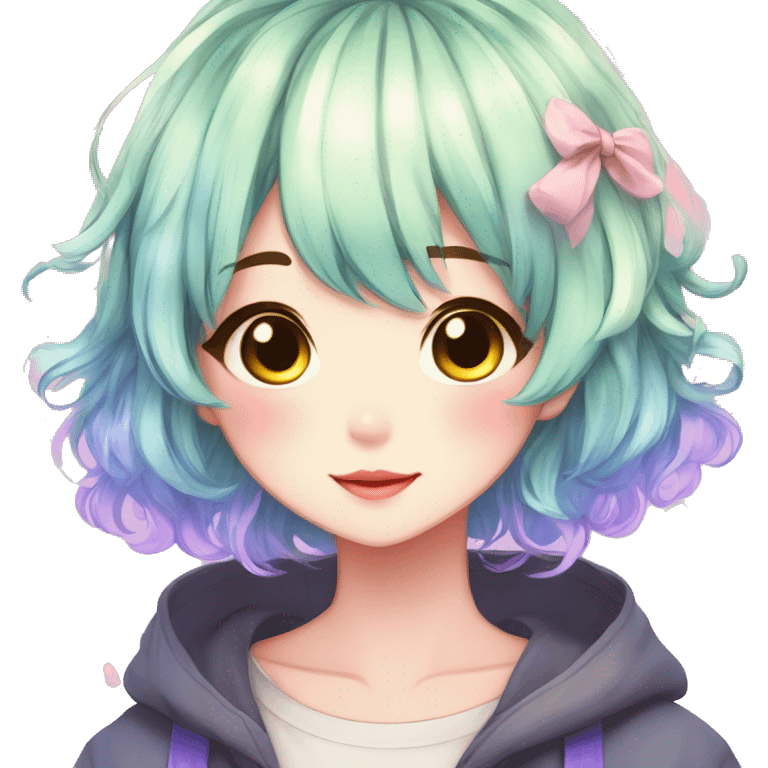 Gorgeous anime style shojo character with blushing face aesthetic and pretty colorful shiny gradient hair with hair garment trending style emoji