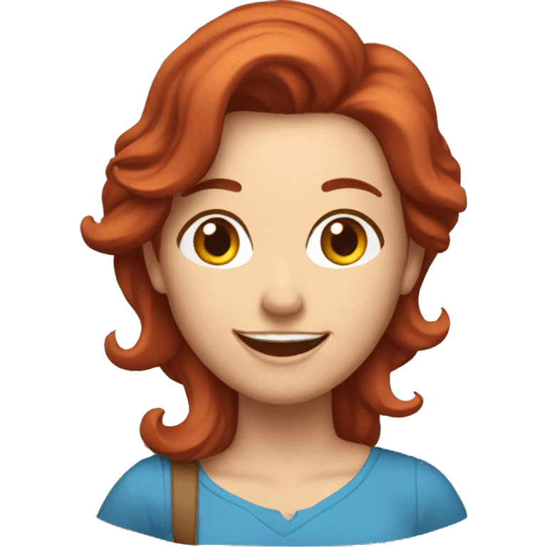 I want an emoji of a brunette woman with red hair and a hairpiece and a map in her hand and a blue shirt and a happy look and smile emoji