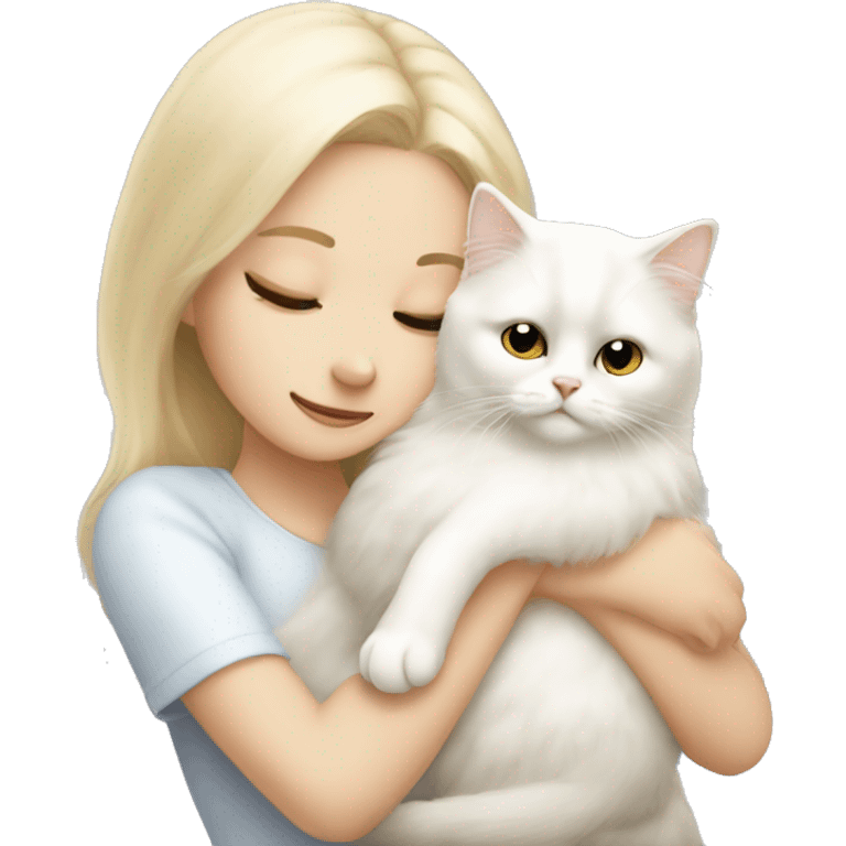 Blonde girl snuggling white Persian cat emoji