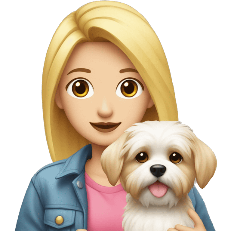 Joven rubia con ropa rosada y un perrito shitzu blanco a su lado emoji