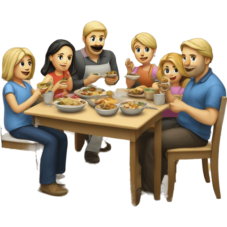 Caucasian family of 8 members eating at kitchen  emoji