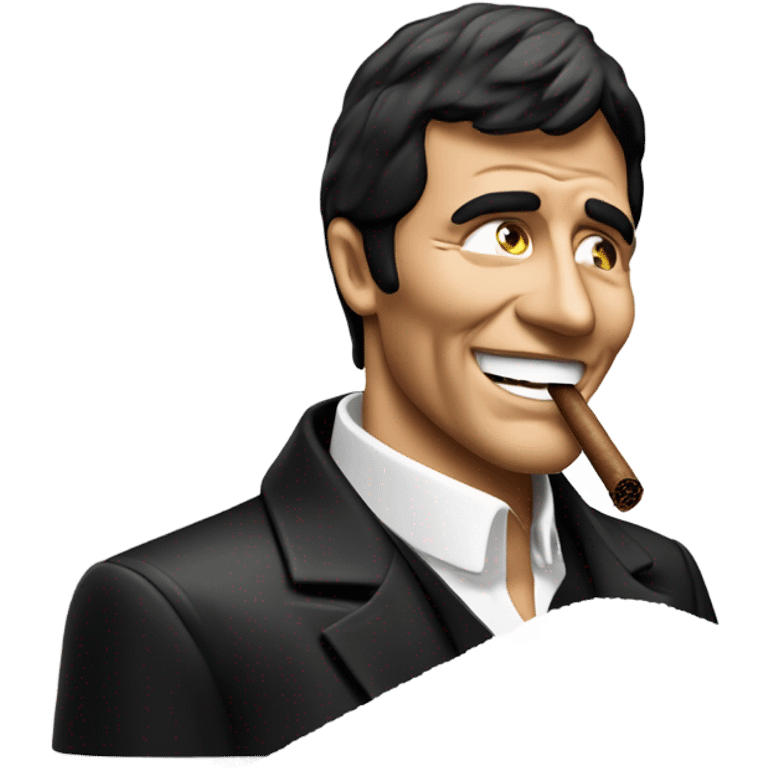 Tony Montana smiling behind a pile of sugar while he is smoking a cigar emoji