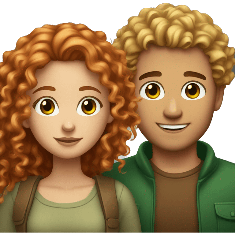 Couple. beautiful girl with red long curly hair and brown eyes. Handsome man with blonde curly hair and green eyes emoji