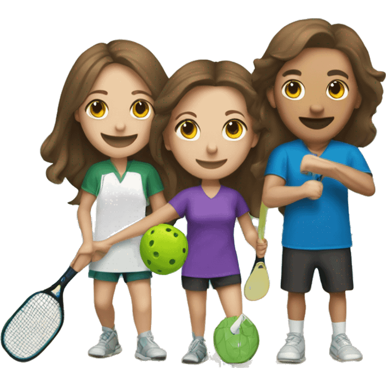 4 Caucasian people playing pickleball with 1 tall bald male, 1 shorter brown hair male, 1 girl with long brown hair, 1 girl  with brown hair emoji