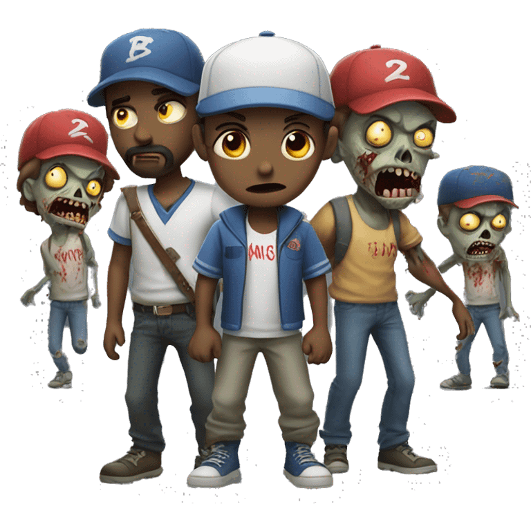 a boy with a beard in a baseball cap and zombies standing behind him emoji