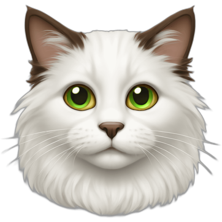 white fluffy bi-colour cat with dark brown ears and upper head, brown ears and green eyes emoji