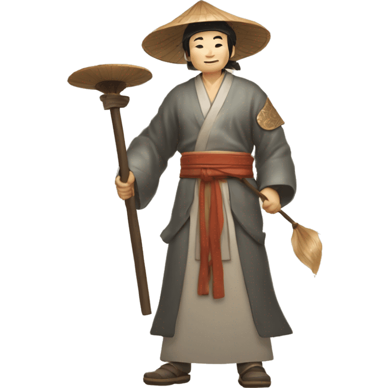 Lu Ban is a legendary figure in Chinese mythology, depicted as a clever craftsman often wearing wide robes, a broad-brimmed hat, and carrying woodworking tools. 🛠️🎩👕 emoji