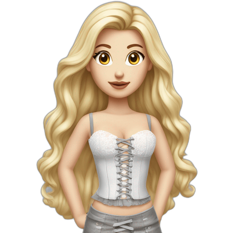 hyperrealistic caucasian female, long straight blonde hair, white lace-up bustier, grey tight mini skirt emoji