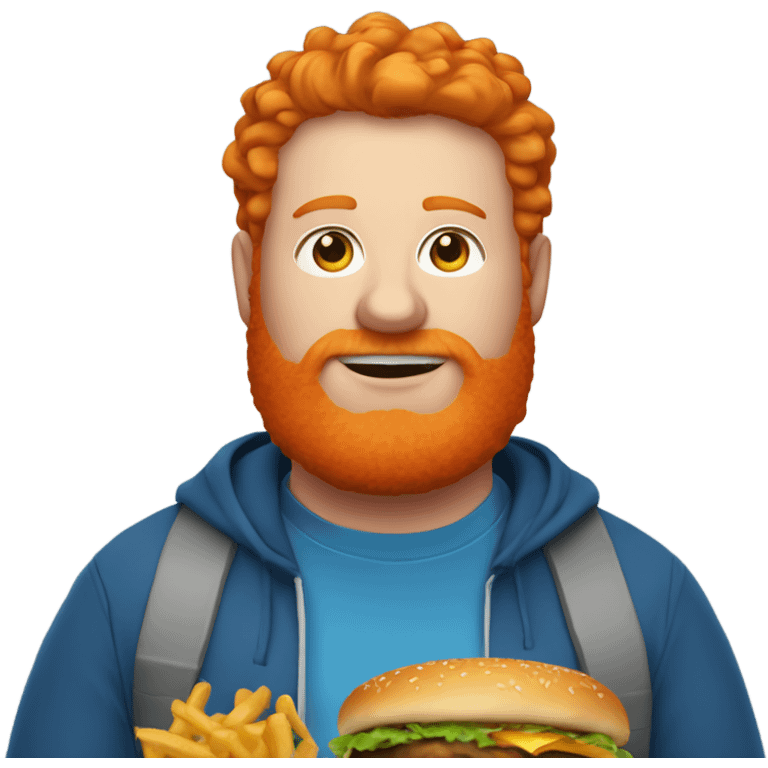 Fat ginger guy in a blue hoodie with orange hair and an orange beard with a cheeseburger emoji