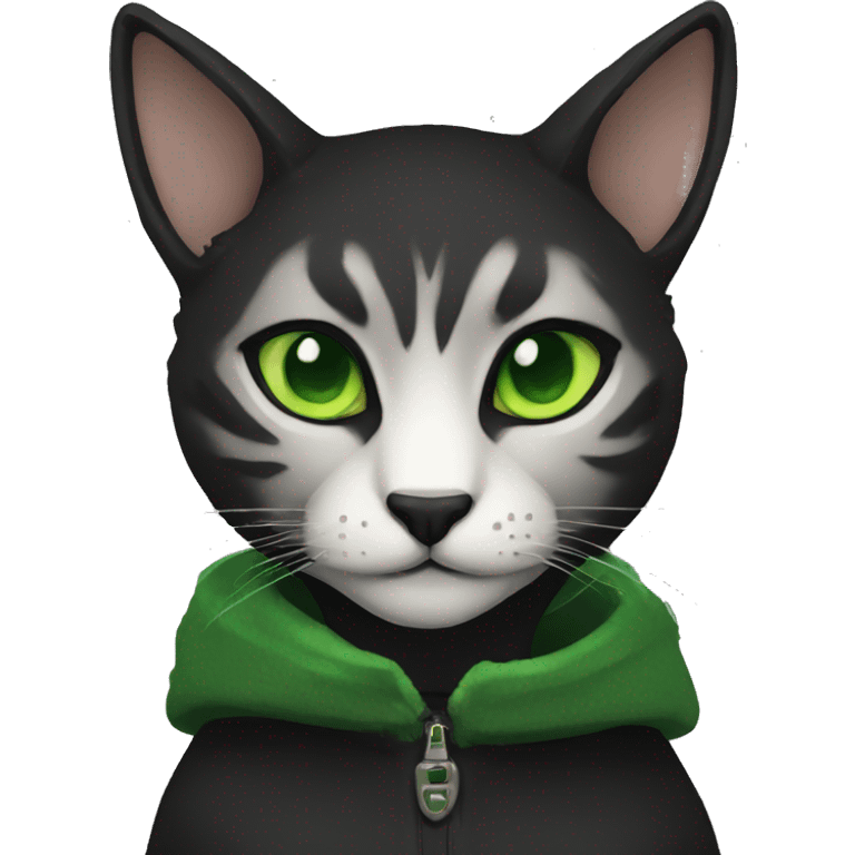 black fur tabaxi with green eyes wearing black hood emoji