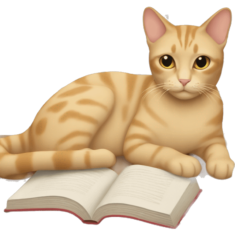 beige cat laying down next to books emoji