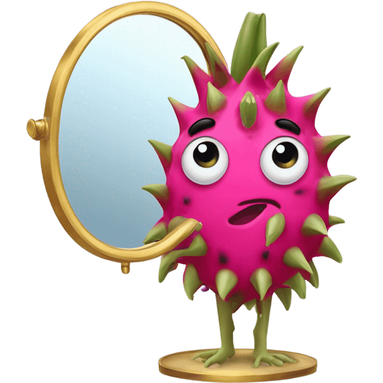 3D elegant Pitahaya with large shiny eyes 👀 one hand holds the mirror with its reflection 🪞 emoji