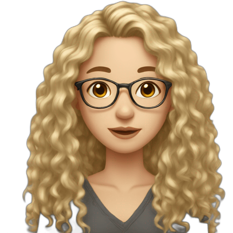 Caucasian girl, long hair, black curly hair, golden glasses with tiny frames, just face emoji