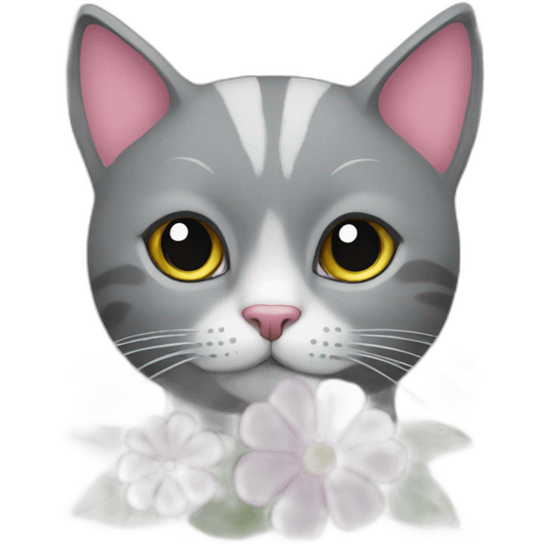 grey cat with a pink flower emoji