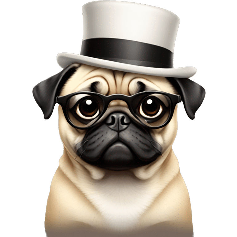 A pug wearing a top hat and sunglasses emoji