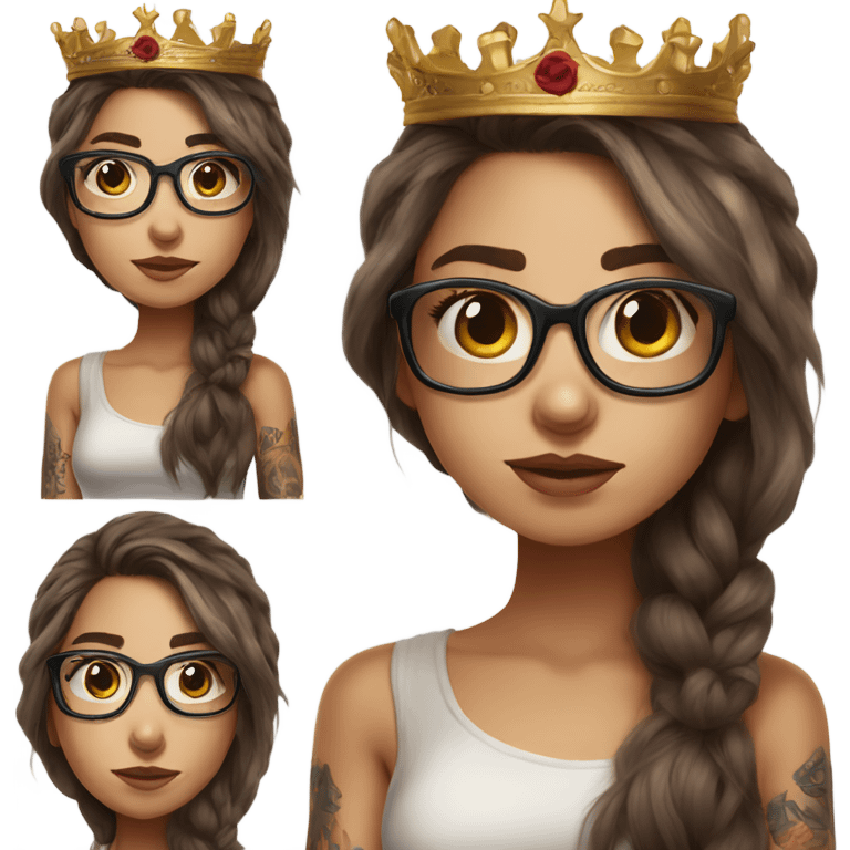 Hyperrealistic beautiful  girl, wearing a crown and glasses, arm tattoos, and long brown hair  emoji