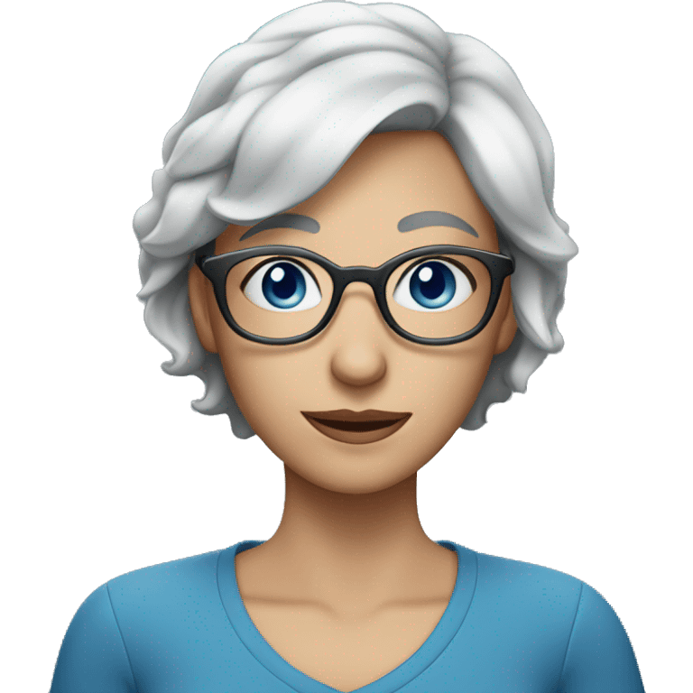 Woman with short gray hair, blue eyes and blue rimed glasses  emoji