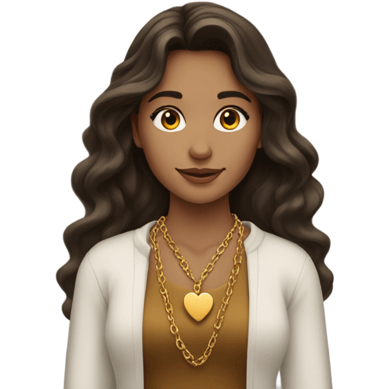 Brunette girl with long hair wavy wearing gold heart necklace  emoji