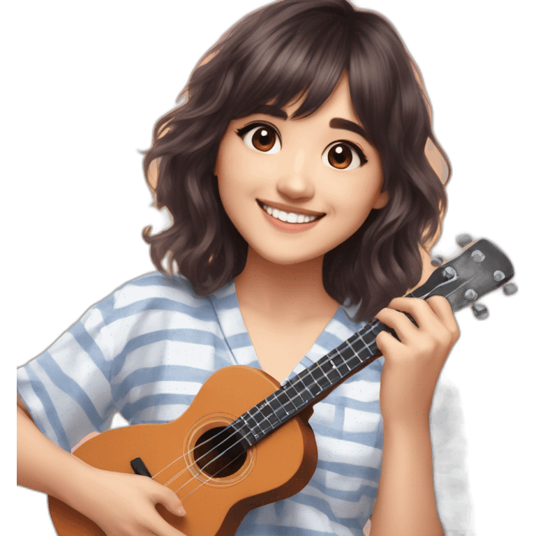 Shirley Setia shoulder length hair front looking smiling wearing pyjama playing ukulele  emoji