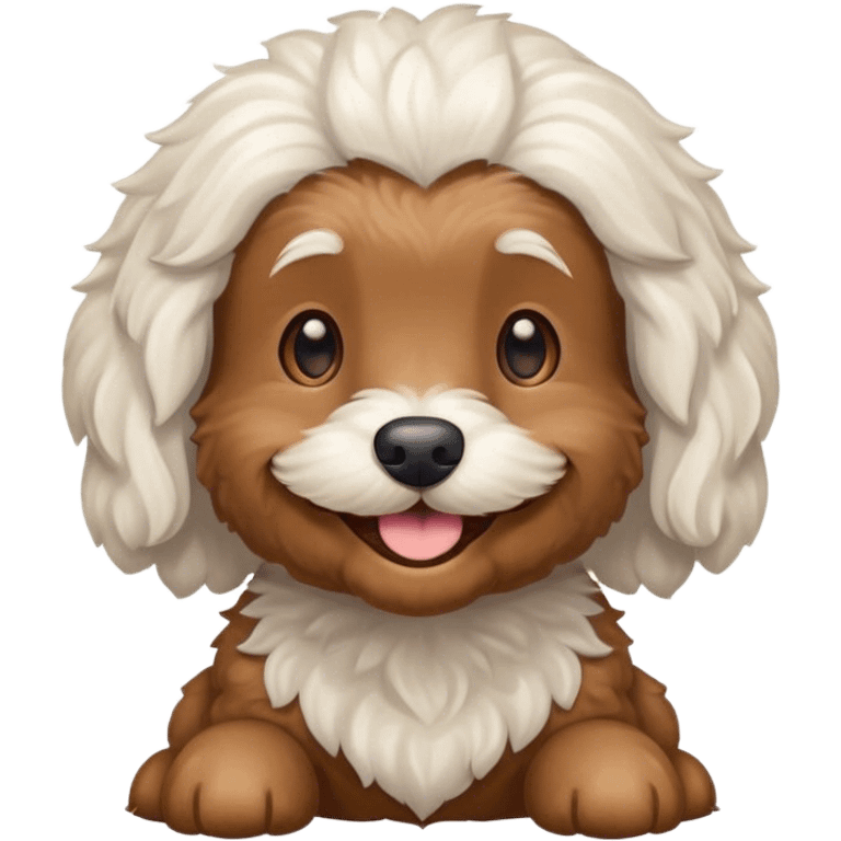 Brown cockapoo dog with some white hair on the head smiling emoji