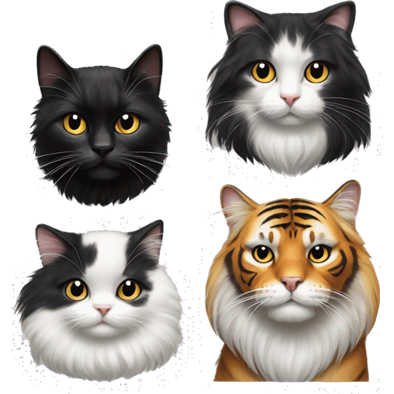 black-and-white cat domestic long-haired next to a tiger cat and another black-and-white cat with short fur  emoji