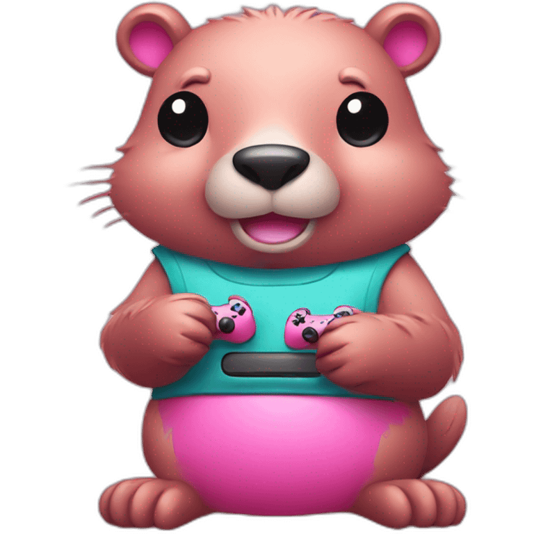 Pink beaver playing video games emoji