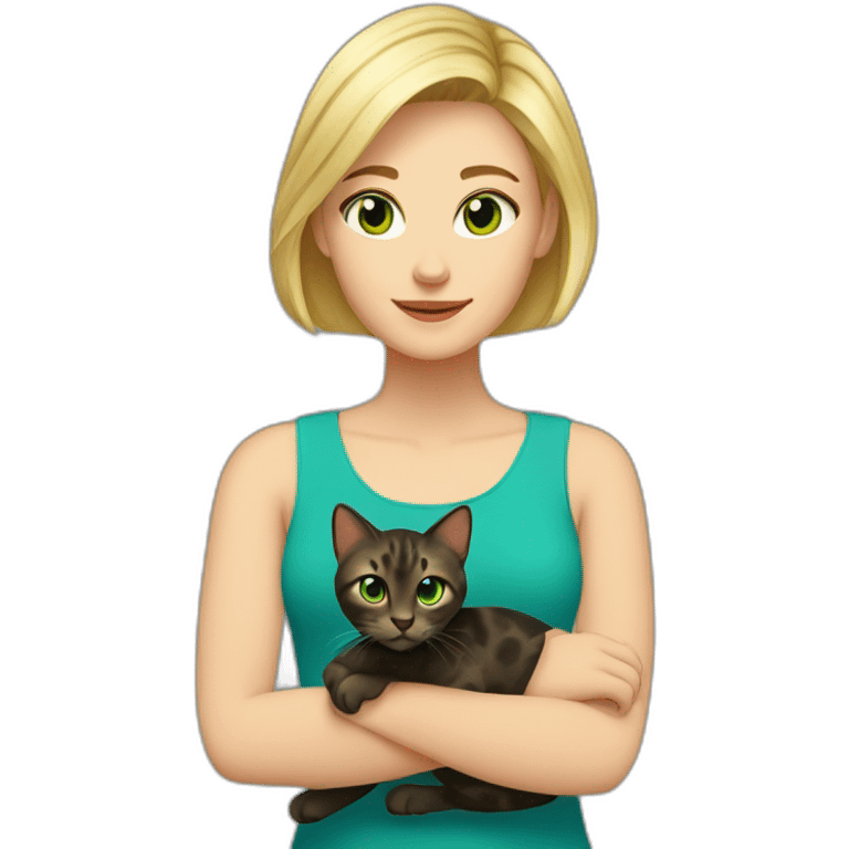 Blonde woman with short hair and blue green eyes with her dark tortoise shell cat emoji