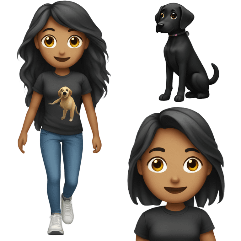 Girl with long hair and tshirt walking black lab emoji