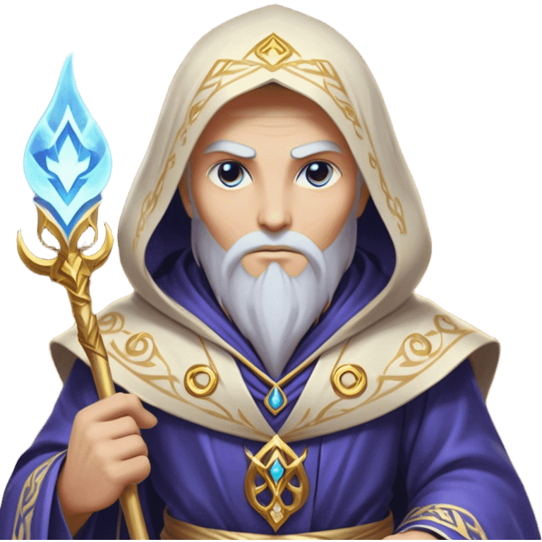 Clash of Clans aesthetic friendly Mage Portrait Emoji, With an enigmatic, slender build draped in flowing mystical robes adorned with arcane symbols, piercing eyes and a determined aura, his face rendered in a natural skin tone (not yellow), Simplified yet sharply defined features, highly detailed, glowing with a cool, otherworldly radiance, high shine, wise and resolute, stylized with an air of ancient sorcery, focused and mystical, soft glowing outline, capturing the essence of a powerful mage ready to unleash enchanted spells on epic adventures! emoji